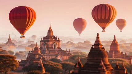 Poster - Hot air balloons soar over ancient temples at sunrise.