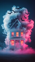Poster - A neon light display of a haunted house with bats flying around, casting an eerie glow, with plenty of copy space for additional content.
