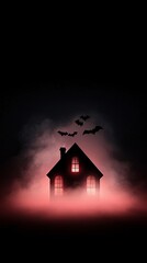 Poster - A neon light display of a haunted house with bats flying around, casting an eerie glow, with plenty of copy space for additional content.