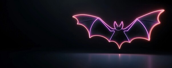 Poster - a neon bat flying across a dark sky, glowing purple and orange, with ample copy space for halloween-