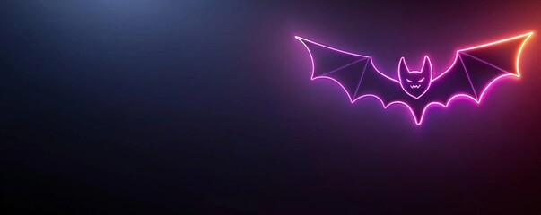 Poster - a neon bat flying across a dark sky, glowing purple and orange, with ample copy space for halloween-