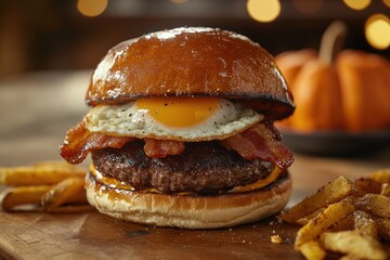 Delicious burger with sunny side up egg and bacon on wooden table