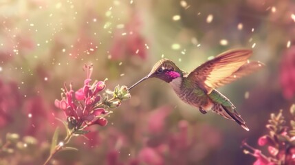 Hummingbird in flight, feeding on pink flowers with bokeh background.