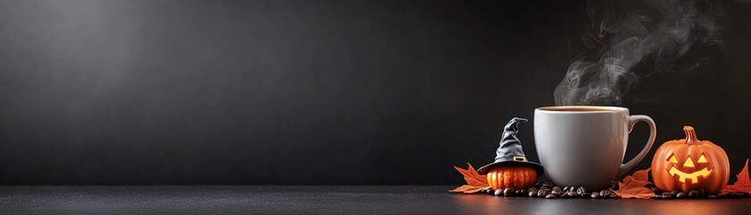Poster - A steaming mug of coffee on a dark table surrounded by Halloween decorations, including a small pumpkin and a witch's hat, with significant copy space in the image.