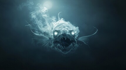 Poster - A mysterious deep-sea creature with glowing eyes and sharp teeth emerges from the dark ocean depths under a full moon, with eerie mist swirling around. The scene offers ample copy space for text or