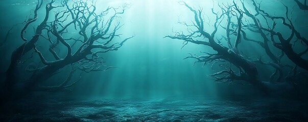 Poster - a haunted underwater scene with ghostly sea monsters swimming through an eerie, dark ocean with glow