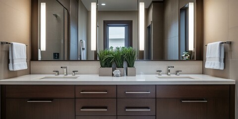 Wall Mural - Modern bathroom vanity with double sinks and plants.