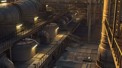 Sticker - Industrial interior with large metal tanks and walkways.