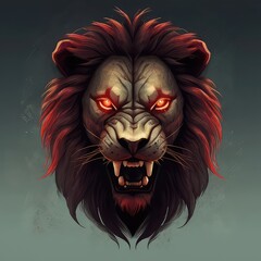 Wall Mural - Silverback - adult male with a lion face. A lion appears to be angry, mouth open, yawning scary red eyes. dangerous lion with scary red eyes