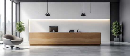 Wall Mural - Modern Office Reception Area with Minimalist Design and Large Windows Overlooking Cityscape