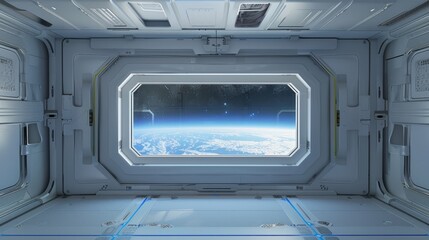 Sticker - Interior of a spaceship with a large window overlooking Earth and stars.