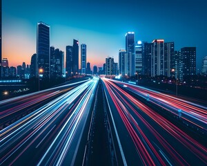 Wall Mural - light trails of cars moving fast on the highway with skyscrapers