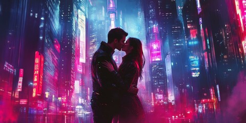 Wall Mural - A couple kisses in a neon-lit city.