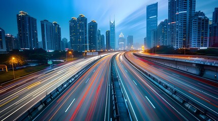 Wall Mural - light trails of cars moving fast on the highway with skyscrapers