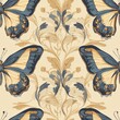 © Art Resources - Vintage Art Nouveau butterfly pattern on vintage beige fabric background, seamless repeating pattern, textile print style, minimal, Art Nouveau design, seamless butterfly pattern, home decor,