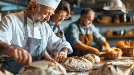 Wall Mural - Middle-aged Friends Enjoying Artisan Bread Baking Class with Expert Chef Guidance