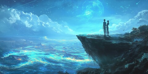 Two figures stand on a cliff overlooking a blue sea.