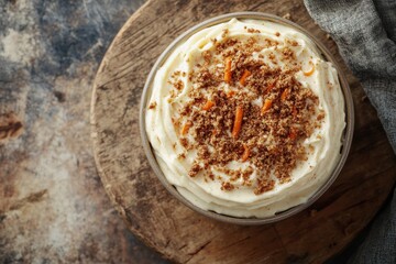 Wall Mural - Carrot Cake, A moist cake made with grated carrots, often spiced with cinnamon and topped with cream cheese frosting. Top View