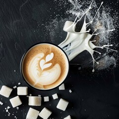 Sticker - Latte art coffee with sugar cube splash on black background.