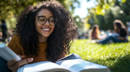 A happy woman enjoys her time outdoors at university, surrounded by books for her studies. The female student smiles as she goes through her notes, eager to learn in this academic setting.
