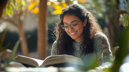 A happy woman enjoys her time outdoors at university, surrounded by books for her studies. The female student smiles as she goes through her notes, eager to learn in this academic setting.