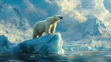 a majestic polar bear ascended an icy perch amidst the dissolving arctic expanse.