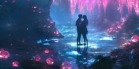 Wall Mural - Couple silhouetted kissing in a magical river.