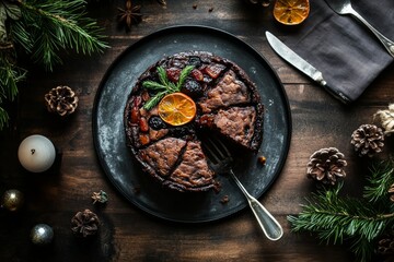 Christmas Pudding, A traditional British steamed cake made with dried fruits, suet, and spices, often served with brandy sauce. Top View