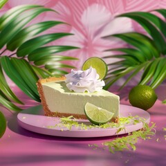 Wall Mural - Lime pie slice with whipped cream and lime wedges on pink plate.