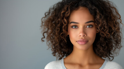 Portrait of a young woman with curly hair and green eyes, standing against a soft, neutral background, showcasing her natural beauty and confidence.