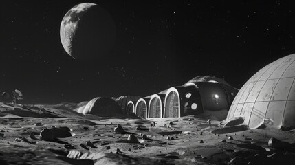 Sticker - Lunar Base with Dome Structures under a Crescent Moon.