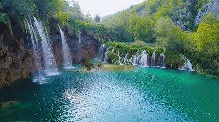 Poster - Lush green forest with cascading waterfalls and a turquoise lake.