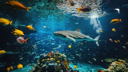 Wall Mural - majestic whale shark swimming with fishes