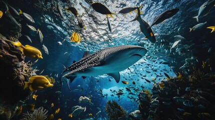 Wall Mural - whale shark and school of vibrant fish