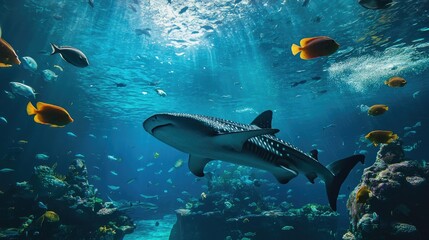 Wall Mural - whale shark and colorful coral reef fish