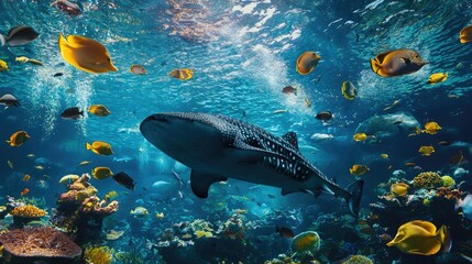 Wall Mural - underwater scene: whale shark among fish