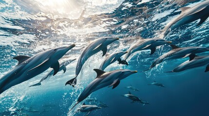 Wall Mural - dolphins swimming together in ocean waves