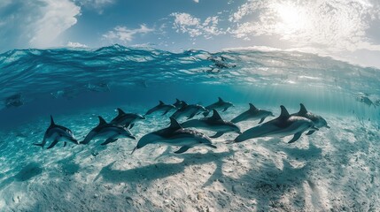 Wall Mural - playful dolphins diving in the deep sea