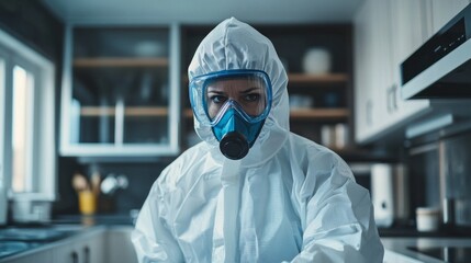 Poster - A woman in a hazmat suit is standing in a kitchen