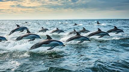 Wall Mural - group of dolphins performing synchronized jumps