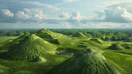 Wall Mural - Lush green hills with a small pond under a blue sky.