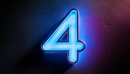 Fototapete - Image of glowing neon number 4 four, made from neon light. 3D rendering. Dark backdrop.