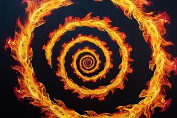 Wall Mural - Spiral of Flames: Radiant Yellow, Orange, and Crimson Blaze on a Dark Canvas