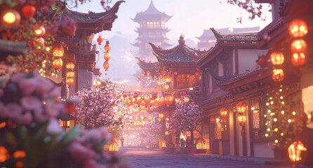 Wall Mural - an ancient Chinese street with lanterns and decorations, celebrating the Spring Festival