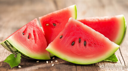 Wall Mural - Close-up of fresh watermelon slices on a wooden table, showcasing the bright red and green contrast.