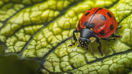 Wall Mural - A vibrant ladybug adorns a verdant leaf, captured in a close-up macro shot. The ladybug's scarlet shell and black spots stand out against the lush greenery, creating a striking contrast.