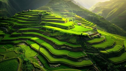 Poster - Lush green rice terraces in a mountainous region.