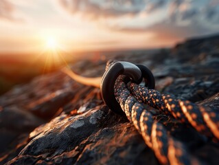 Climbing gear on a mountain trail, adventurous and thrilling, Adventure, Metallic tones, Photograph, Detailed equipment