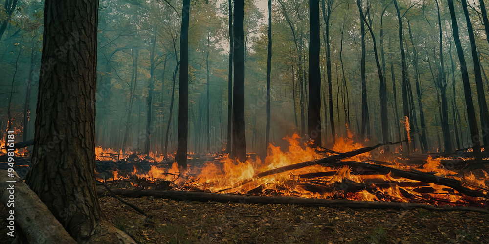 Fierce flames engulf trees in a dense forest, with smoke billowing into ...