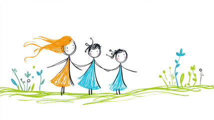 Illustrated stick figures of a family holding hands, drawn in a whimsical style with vibrant colors and minimalistic design.